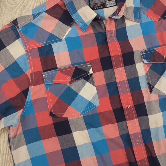 Urban Industry Men XXL Checkered Red Blue Short Sleeve Casual Button Down Shirt - Picture 4 of 8